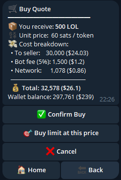 Buy quote screen: amount, total in BTC + USD, 5% fee, network fee, change. Confirm Buy + Cancel.