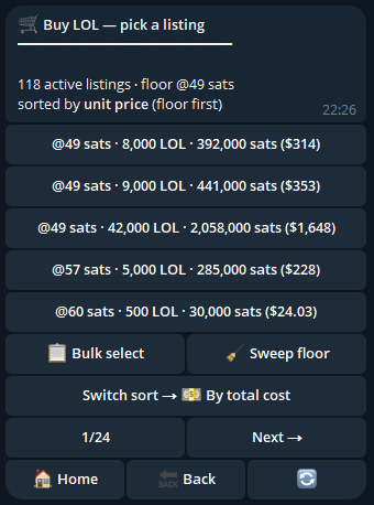 Listings picker for a ticker: 5 per page, sort toggle for unit vs total cost.