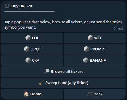 Buy menu: top tickers as quick-pick chips and Browse all + Sweep floor.