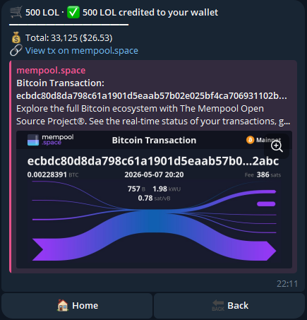 Final buy receipt — permanent message with token amount, BTC spent, fee breakdown, txid.