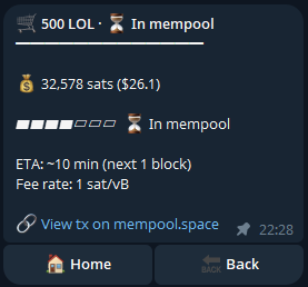 Live receipt mid-flight: state badge transitioning from broadcasting → mempool → onchain → credited.