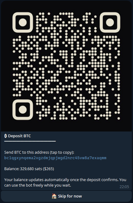 BTC deposit address shown as QR + copyable text.