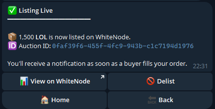 Sell quote: amount, unit price, total at full fill, network fee. Confirm Listing + Cancel.