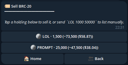 Sell menu with your top holdings as quick-pick buttons.