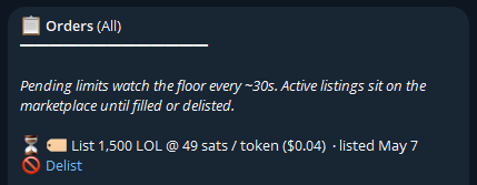 Posted-listing receipt with the Delist button active until a buyer fills it.